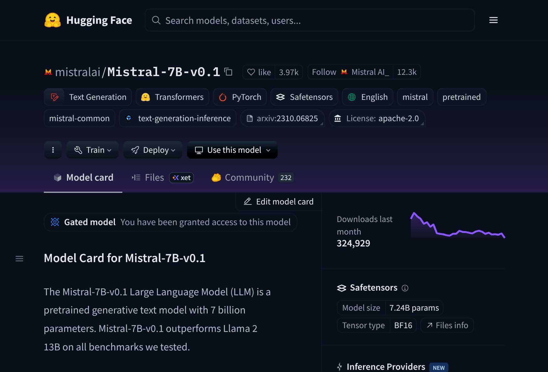 Mistral-7B-v0.1 model page on Hugging Face Hub: After being granted access
