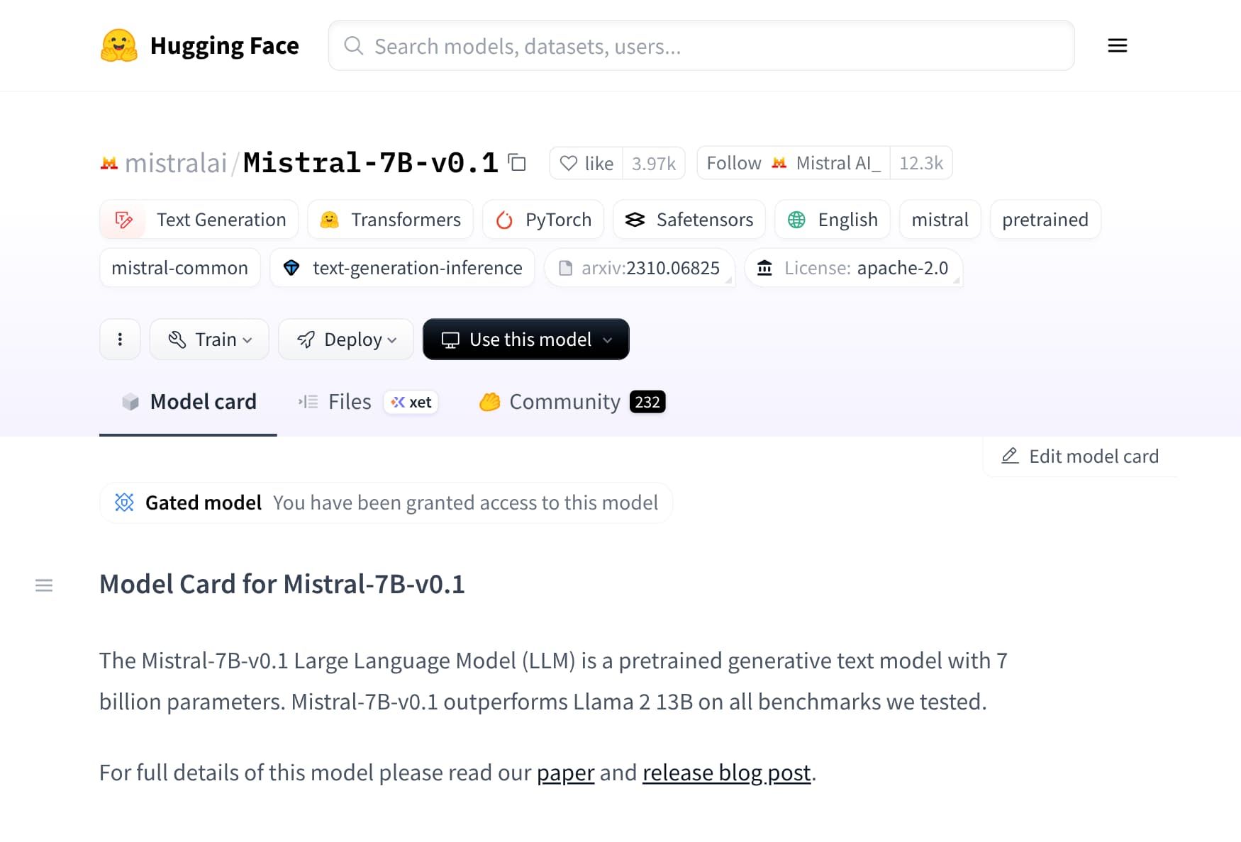 Mistral-7B-v0.1 model page on Hugging Face Hub: After being granted access