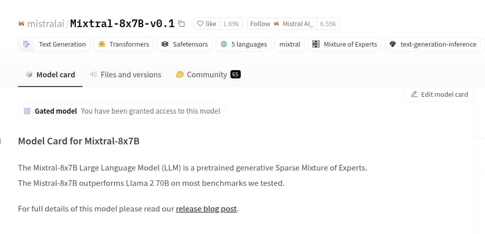 Mixtral-8x7B-v0.1 model page on Hugging Face Hub: After being granted access
