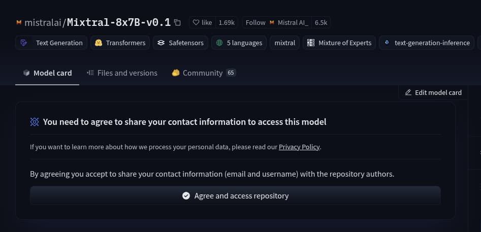 Mixtral-8x7B-v0.1 model page on Hugging Face Hub: Before being granted access