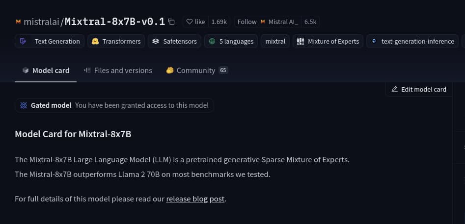 Mixtral-8x7B-v0.1 model page on Hugging Face Hub: After being granted access