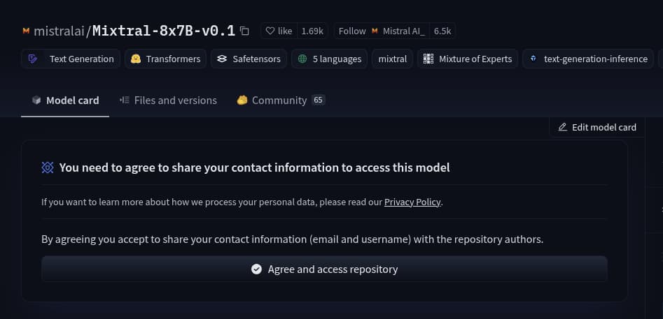 Mixtral-8x7B-v0.1 model page on Hugging Face Hub: Before being granted access